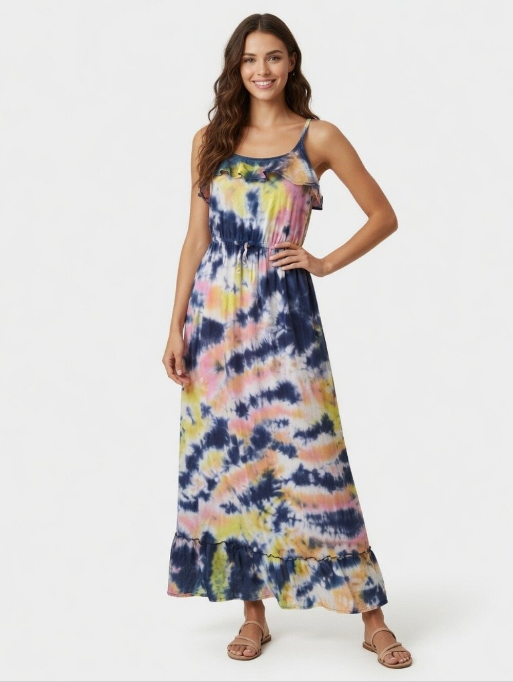 Disney Tie-Dye Spaghetti Strap Maxi Dress - Navy, Yellow, Pink